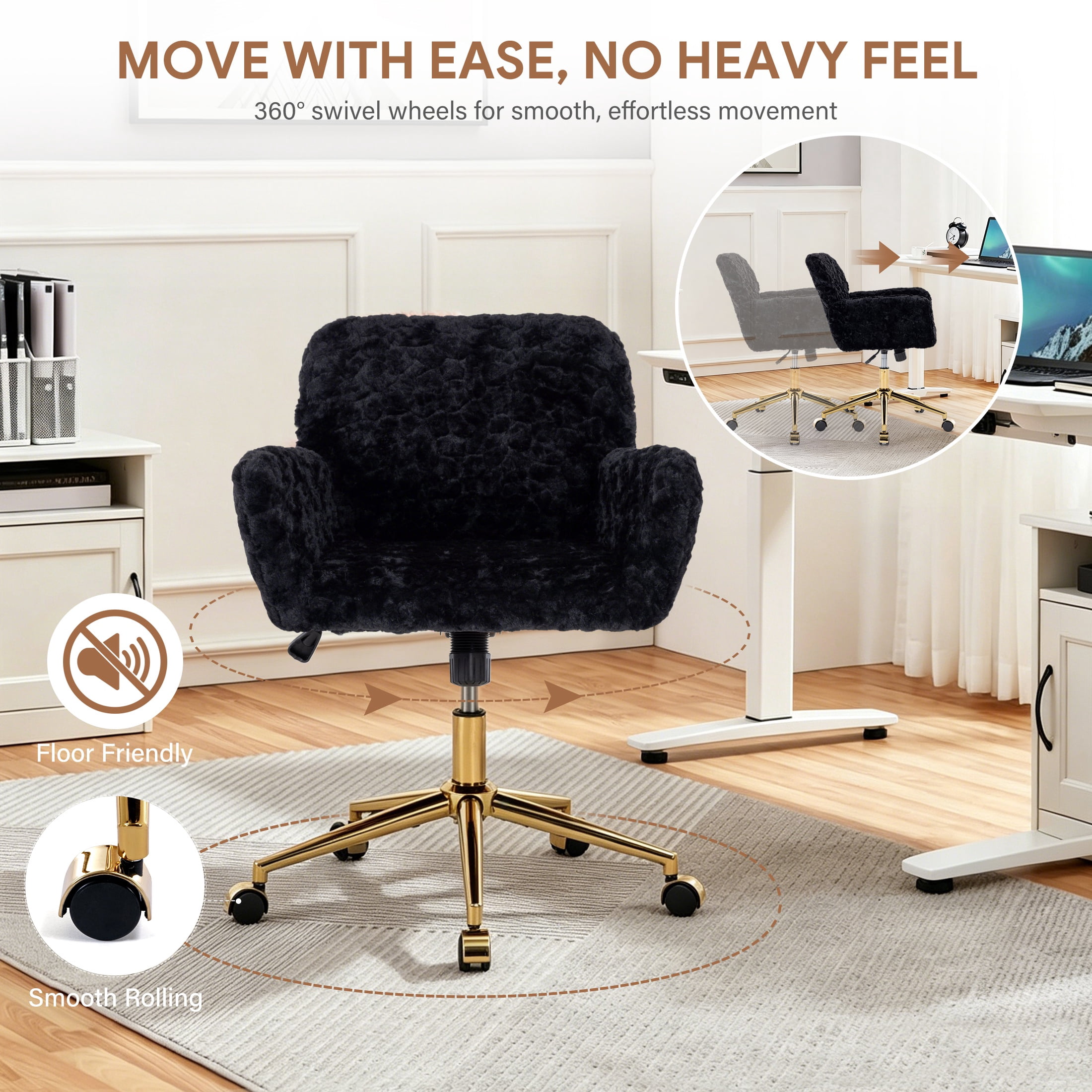 PAPROOS Vanity Chair with Back, Adjustable Swivel Makeup Desk Chair with Wheels and Arms, Fluffy Home Office Task Chair with Artificial Rabbit Hair for Bedroom, Dorm, Study Room, Black