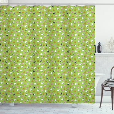 Cattle Shower Curtain, Green Background with Cartoon Cattle Animals as Sheep Pig Chicken Rooster and Cow, Fabric Bathroom Set with Hooks, 69W X 84L Inches Extra Long, Multicolor, by Ambesonne