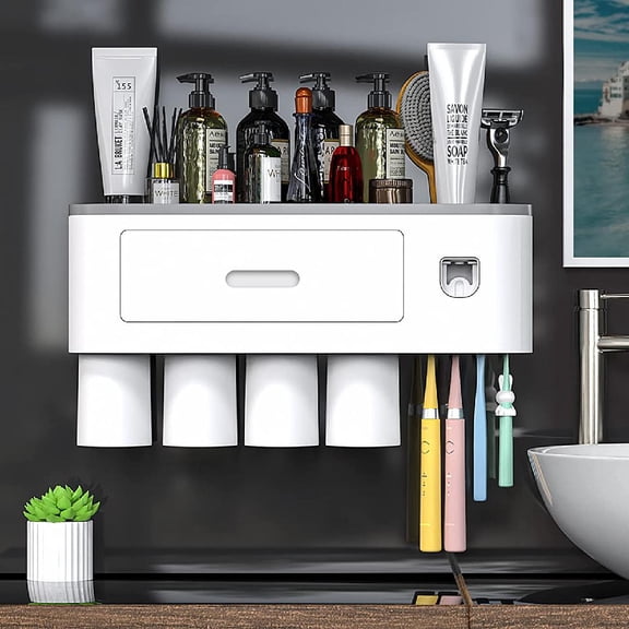 Wall Mounted Toothbrush Holder for Bathroom, Automatic Toothpaste Dispenser Kit with Magnetic Cups Kids & Family Set Toothbrush Holders, Storage Rack & Easy Install, Durable Space-Saving(Grey,4 Cups)