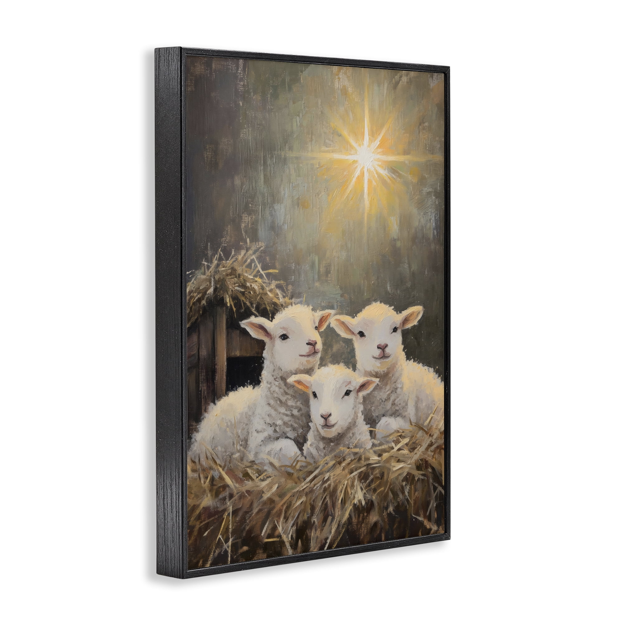 Festive Lambs in Stable Black Framed Giclee Art, design by Petal Prints Design