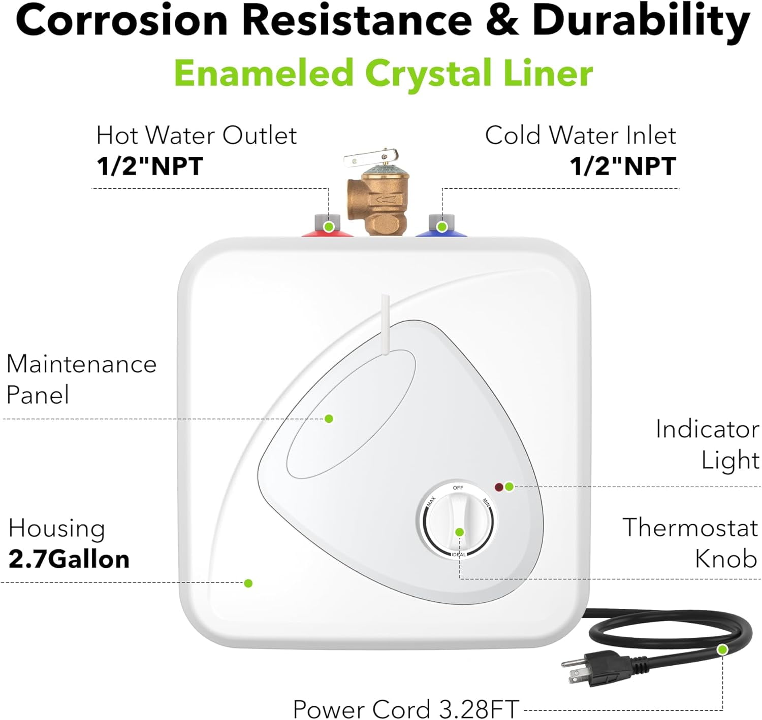BN-LINK Electric Mini-Tank Water Heater - 2.7 Gallon Small Under Sink Instant Hot Water Heater, 120V 1440W Point of Use Compact Tank for Kitchen, Bathroom, Restaurant - Shelf, Wall, or Floor Mounted