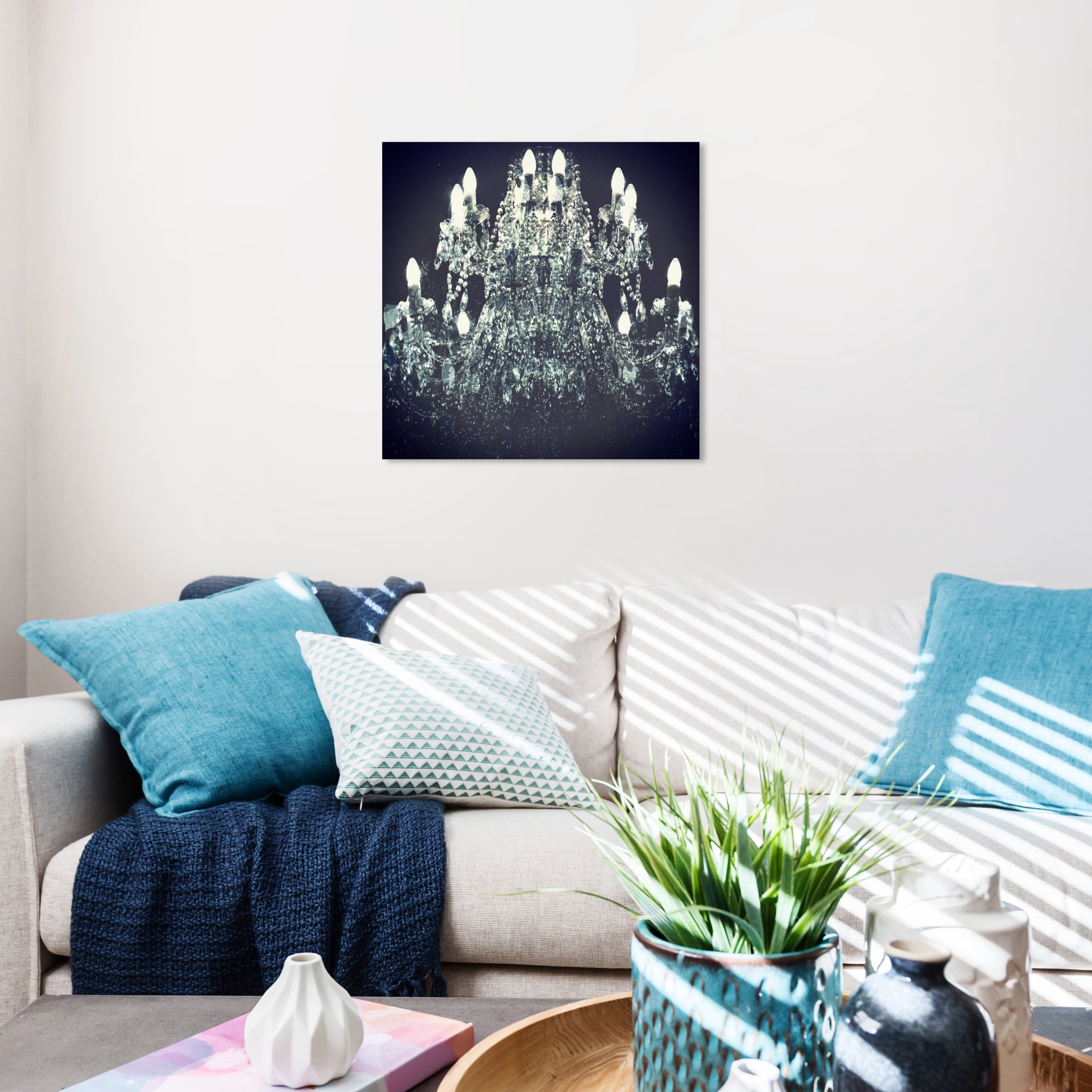 Wynwood Studio Fashion and Glam Contemporary Canvas Art - Black And White Crystal Chandelier, Wall Art for Living Room, Bedroom, and Bathroom, 20 in x 20, Black and White Home Decor