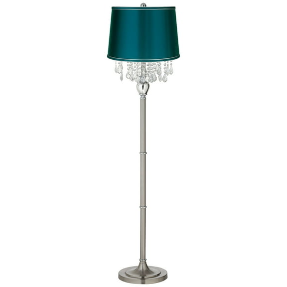 360 Lighting Modern Floor Lamp 62.5" Tall Satin Steel Crystal Chandelier Teal Blue Satin Drum Shade for Living Room Reading Bedroom Office