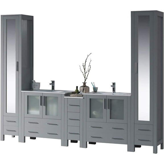 Blossom 102" Double Vanity Set | Metal Grey | Ceramic Sinks | Side Cabinet & Double Mirror Closet