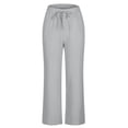 thumbnail image 4 of Women Petite Linen Pants High Waisted Straight Leg Casual Cotton Trousers Elastic Waist Drawstring with Pockets Gray, 4 of 7