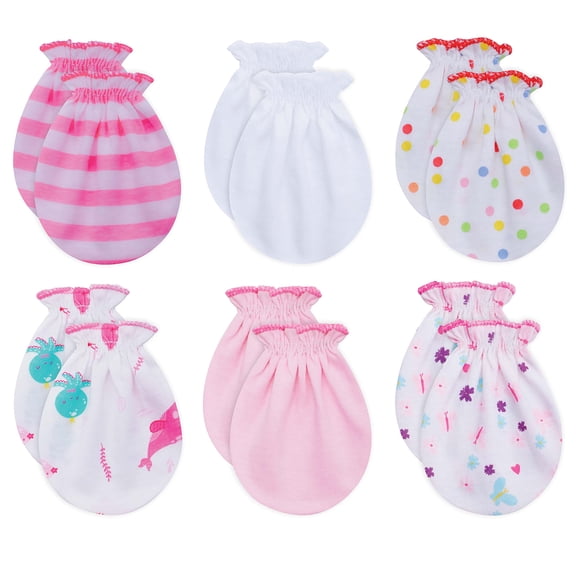 RATIVE Organic Cotton No-Scratch Baby Mittens for Newborn Girls, 0-6 Months, 6 Pairs, g46