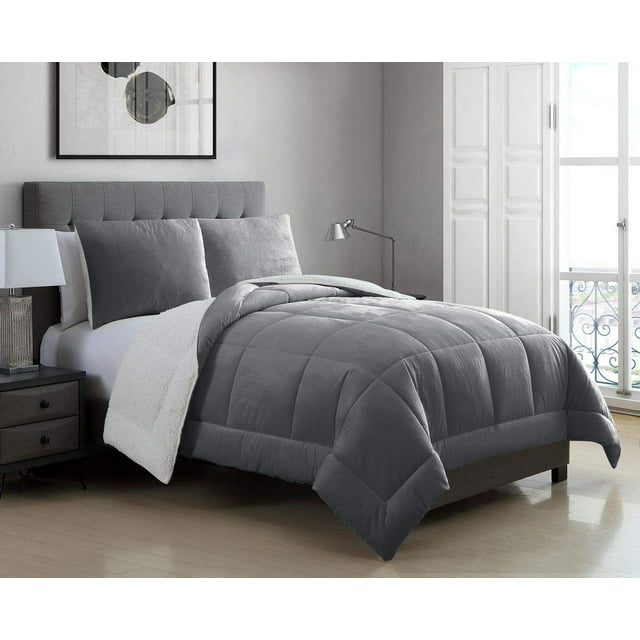 KingLinen 3 Piece Micromink Sherpa Silky Smooth Plush Oversized Gray Comforter Set Full/Queen