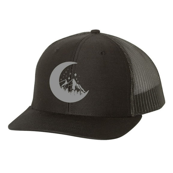 Men's Retro Geometric Mountain Moon Mountain Outdoors Woodland Embroidered Mesh Back Trucker Hat, Black/Black