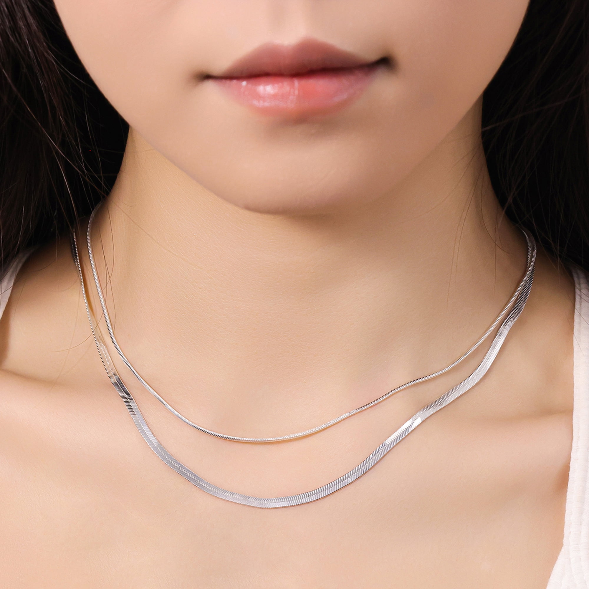 Free Assembly Women's Demi Fine Silver Plated Herringbone Layered Necklace Set, 15" + 2" Extender; 16" + 2" extender, 2-Piece