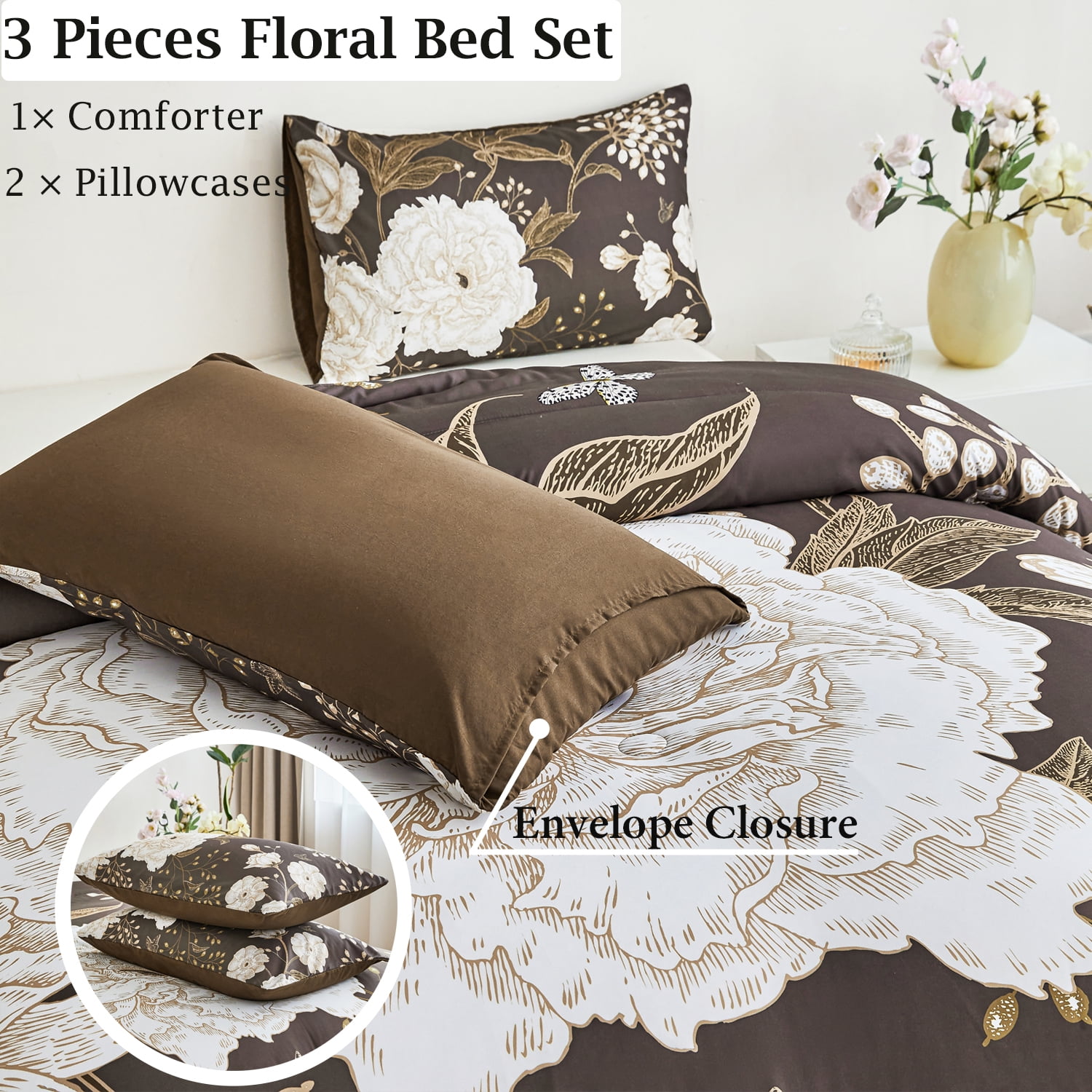 URBONUR 3 Pcs Floral Comforter Set Queen Size, Brown Gold Botanical Bedding Set, White Flower Butterfly Leaves Printed Bed Sets with 2 Pillowcases for Women Men