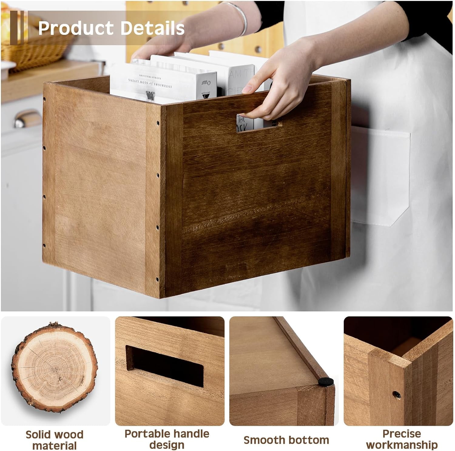 4 Pcs Stackable Wood Storage Cube for Shelves Closet Wooden Bins Box Wood Crates Storage Baskets Container for Toy Books Clothes Home Office, Dark Brown(14 x 10 x 10 Inch)
