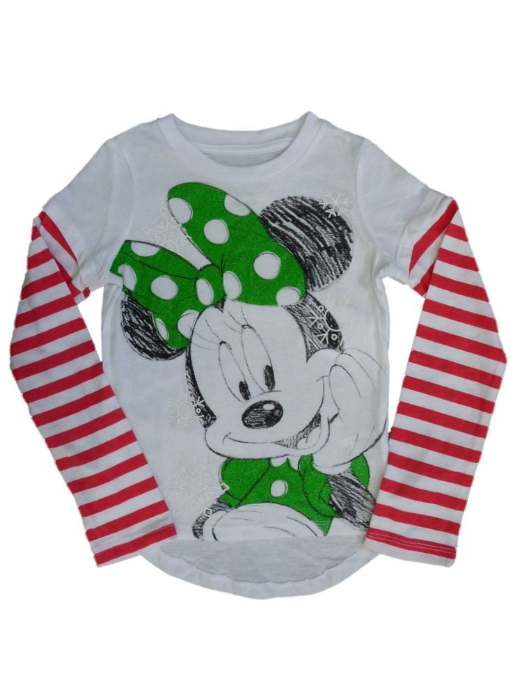 Disney - Disney Girls White Glitter Minnie Mouse T-Shirt Striped Tee Shirt