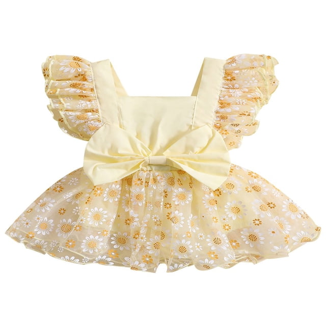 Barboteuse pour Bébés Filles, Justaucorps à Manches à Volants, Imprimé Floral, Robe en Tulle avec Nœud, Combinaison