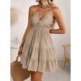 thumbnail image 6 of Womens Khaki Halter Neck Tiered Ruched Mini Dress With Adjustable, 6 of 7