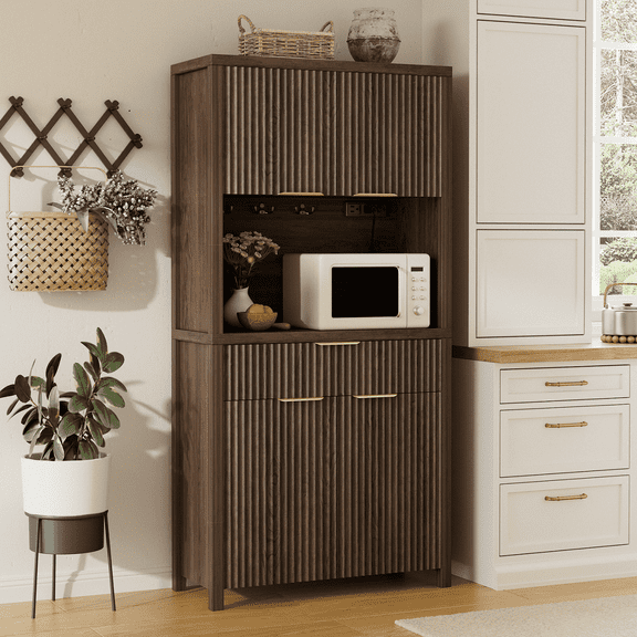 Aufeile 71" Tall Pantry Storage Cabinet with Drawer and Charging Station, Fluted Pantry Cabinet with Adjustable Shelves for Kitchen Dining Room Living Room, Black