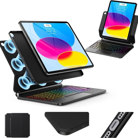 XIBUFE for Ipad A16 11Th10Th Generation Case with Keyboard, Magnetic Stand,Detachable,Portrait Amp Typing Modes,Backlight Multi-Touch Trackpad 11 10.9 Inch Black