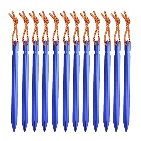 12 Pack Tent Stakes-Outdoor tent sky curtain ground nail aluminum alloy camping camping three-edged bold tent nail with rope 18cm-Blue
