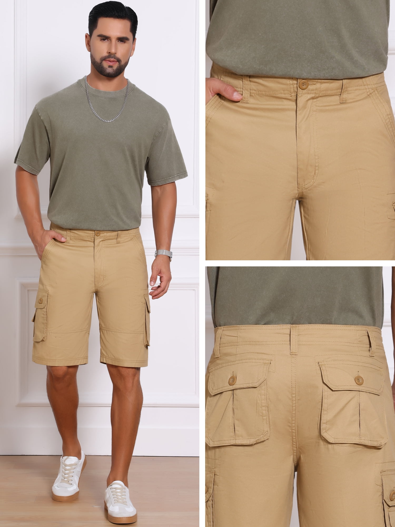 DARING DIVA Men's Short Pants Cotton Casual Camping Fishing Cargo Shorts 28 Khaki