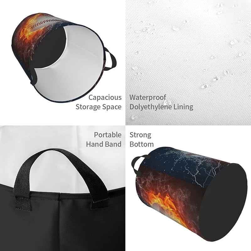 Sport Baseball Ball In Fire And Water Round Laundry Hamper Storage Basket Toys Clothes Organizer Bin For Home Bathroom Bedroom Dorm Nursery