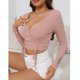 thumbnail image 4 of Camiseta ajustada de manga larga con cuello en V y detalle de cordón: top rosa ajustado para uso diario y fiestas, talla L, 4 of 7