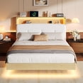 thumbnail image 3 of Honfach Full Size Bed Frame with 2-Tier Storage Velvet Fabric Upholstered Headboard, Wooden Platform Bed Frame w/Charging Station & LED Lights,Natural, 3 of 9