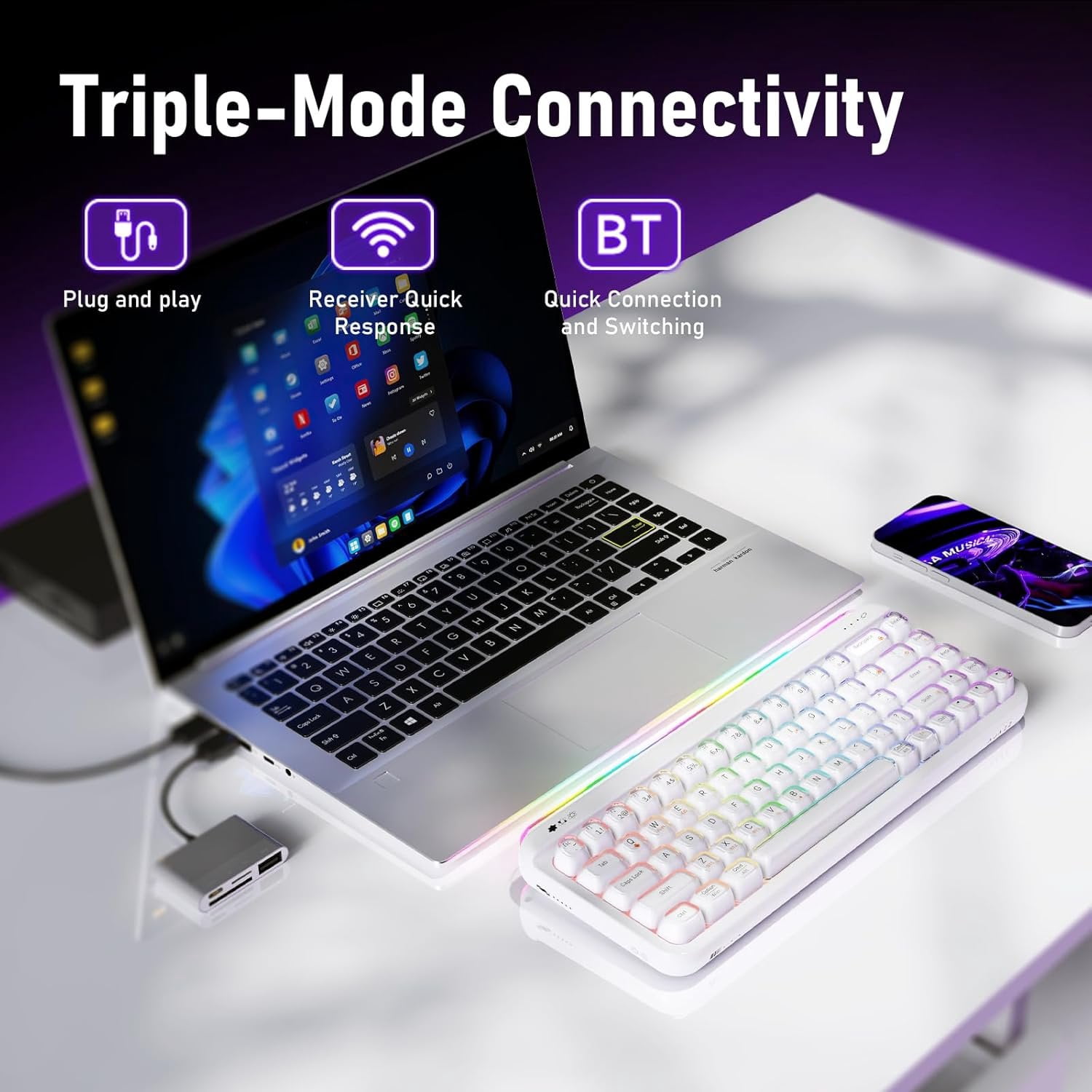 AF68 Membrane Keyboard, 68% Layout 68-Key Gaming Keyboard, 2.4 GHz/Type-C/BT, RGB Lighting Effects with Integrated Side Light Bar, 4000mAh , Translucent Keycaps
