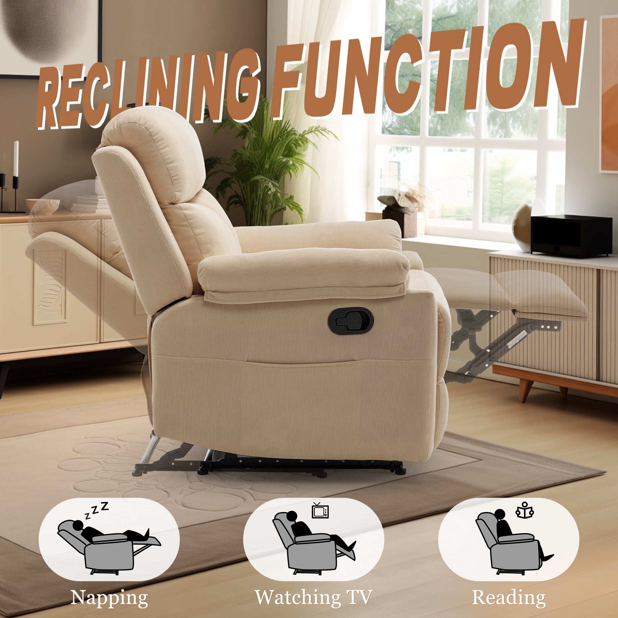 Korser Manual Small Recliner Chair for Small Spaces for Living Room,Corduroy,Khaki