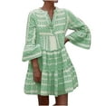 thumbnail image 2 of Usmixi Formal Dresses for Women Beach Loose Flowy Ruffle Swing Tunic Midi Dress V-Neck 3/4 Sleeve Striped Print 2023 Summer Knee-Length Dresses Green s, 2 of 6