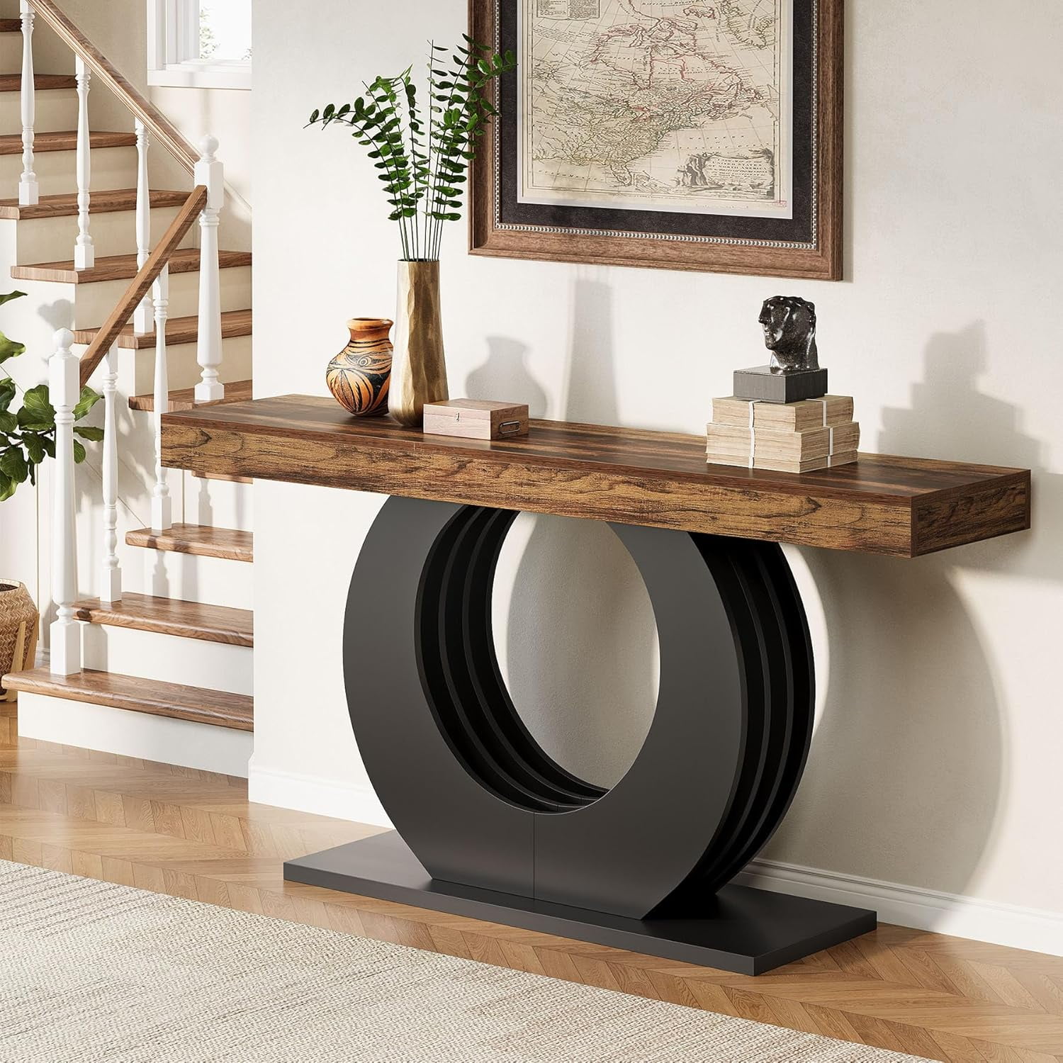 Tribesigns 63-Inch Sofa Table, Farmhouse Entryway Table, Narrow Long Couch Console Behind Sofa with Black Circle Metal Base for Living Room Hallway