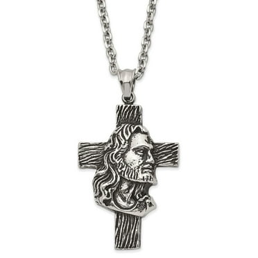 Auriga Stainless Steel Antiqued and Polished Jesus Cross Pendant on a 25.5 inch Cable Chain Necklace for Mens 25.5"