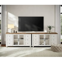 WAMPAT Farmhouse TV Stand for TVs Up to 110 inch, Glass and Wood Universal TV Stand,White Entertainment Center for 85-110 inch TV Console Table，White&Oak