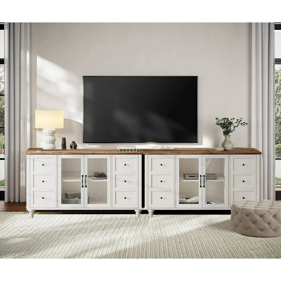 WAMPAT Farmhouse TV Stand for TVs Up to 110 inch, Glass and Wood Universal TV Stand,White Entertainment Center for 85-110 inch TV Console Table，White&Oak