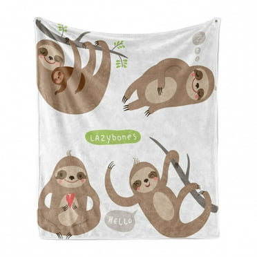 Sloth Soft Flannel Fleece Throw Blanket, Childish Pattern of Funny Lazy Sloths Hugging Family Romance Love, Cozy Plush for Indoor and Outdoor Use, 50" x 60", Pale Brown Grey Green, by Ambesonne