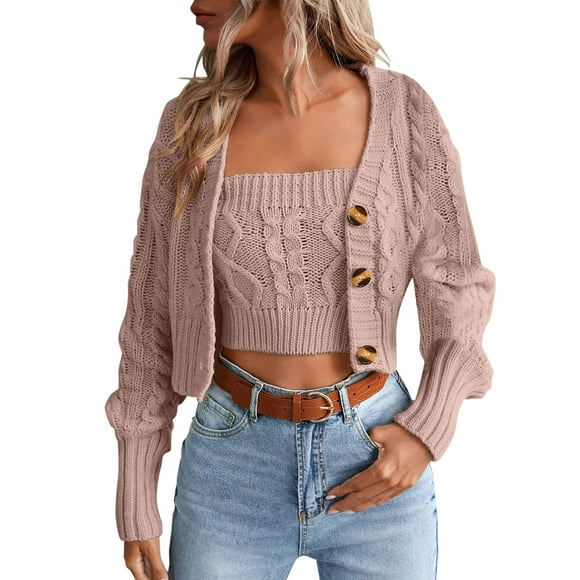 PMUYBHF Female Fall Cardigans For Women Women Loose Long Sleeve Knit Button Down Cardigan Sweaters 2 Pieces Sweatshirt Pullove Crop Top Sets XXL Pink