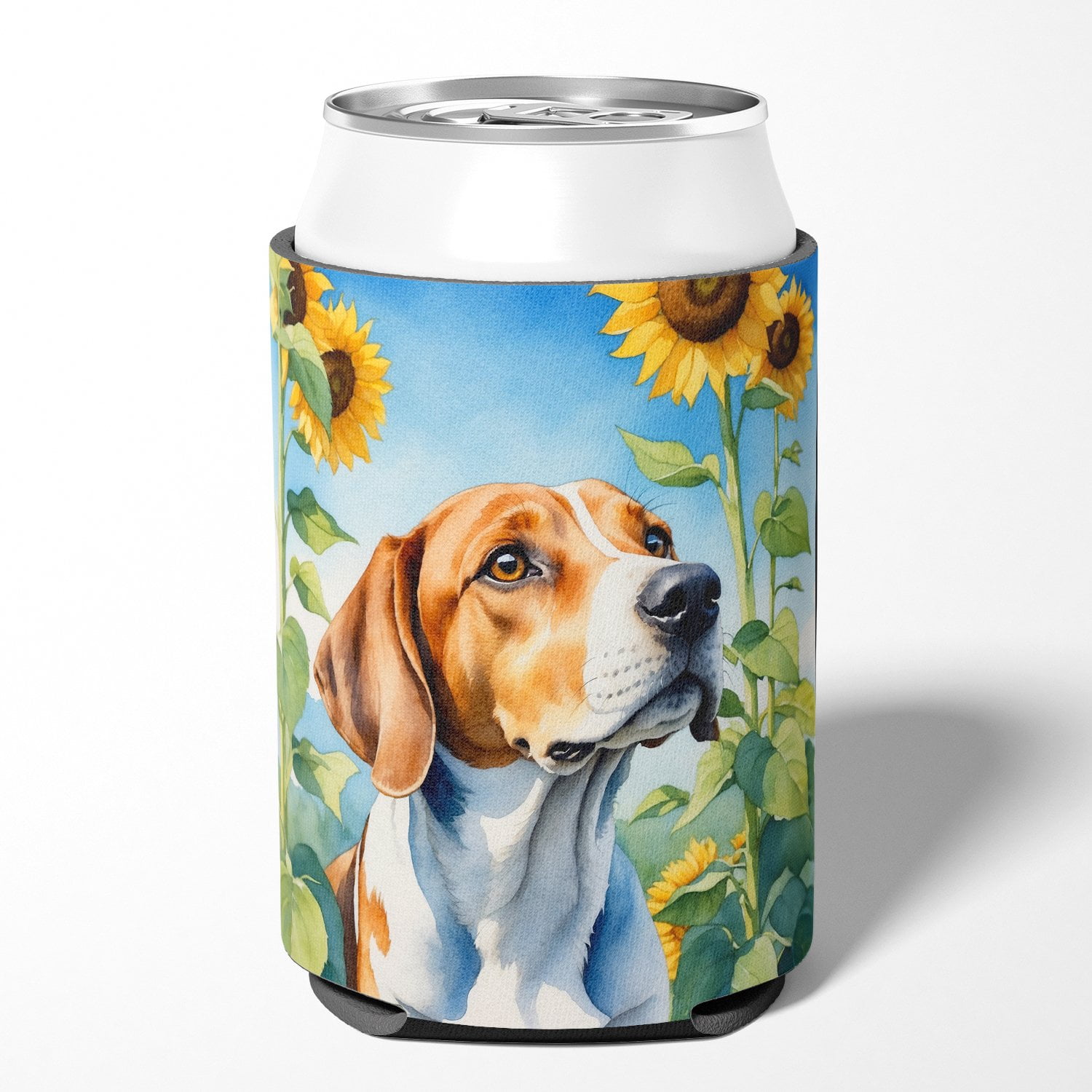 English Foxhound in Sunflowers Can or Bottle Hugger 3 in x 5 in