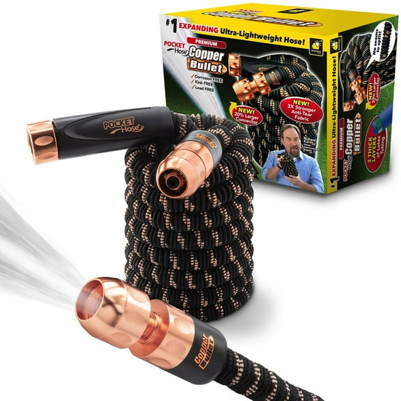 2024 Pocket Hose Copper Bullet AS SEEN ON TV Expands to 25 ft REMOVABLE Turbo Shot Multi-Pattern Nozzle 650psi 3/4 in Solid Copper Anodized Aluminum Fittings Lead-Free Lightweight No-Kink Garden Hose