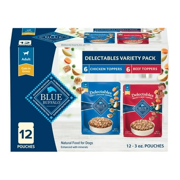 Blue Buffalo Delectables Natural OIF8 Wet Dog Food Toppers Variety Pack, Tasty Chicken & Hearty Beef, Cuts in Gravy, 3-oz. (12 Pouches, 6 of Each Flavor)