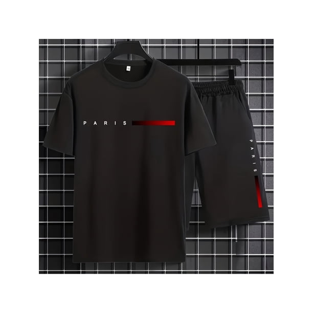Camiseta gráfica "PARIS" para hombre - Algodón negro, diseño de rayas rojas, ropa deportiva informal de verano