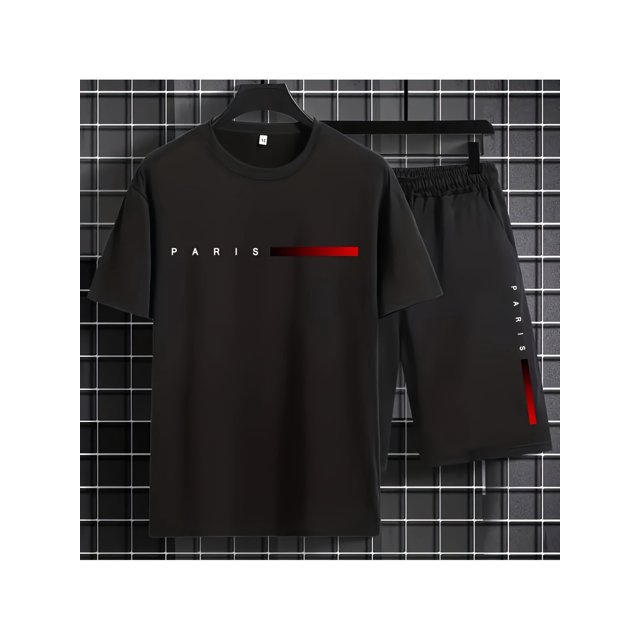 Camiseta gráfica "PARIS" para hombre - Algodón negro, diseño de rayas rojas, ropa deportiva informal de verano