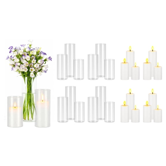 KFFKFF Set of 24 Pillar Candles and Clear Glass Vases, Cylinder Hurricane Candle Holders for Events, Table Decorations, and Festive Occasions, White (2.56" x 4.7", 5.9", 7.9")