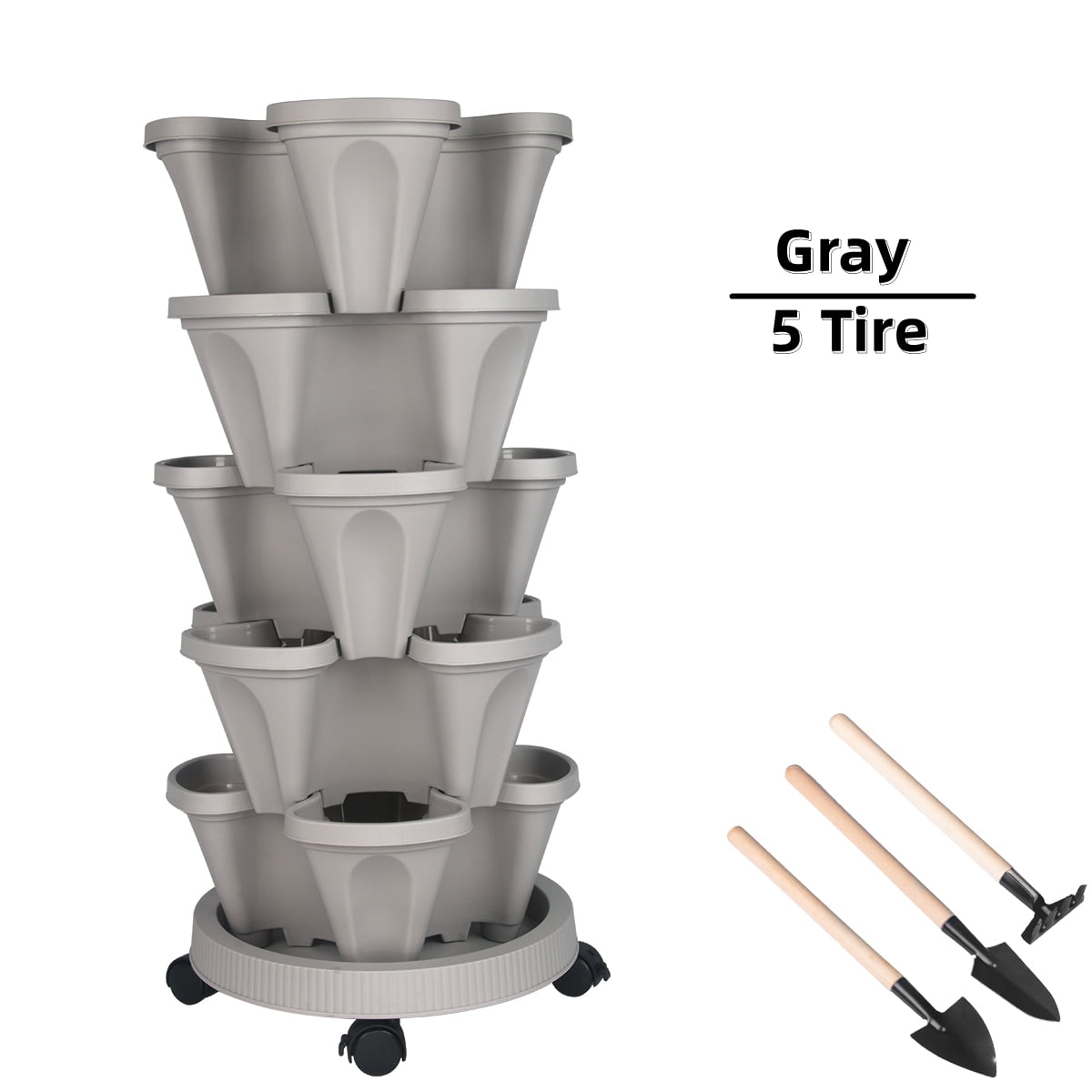 Gamexcel Vertical Garden Planter 5 Tier Gray Plastic Stackable Tower Planter with Saucer for Strawberry,Herb