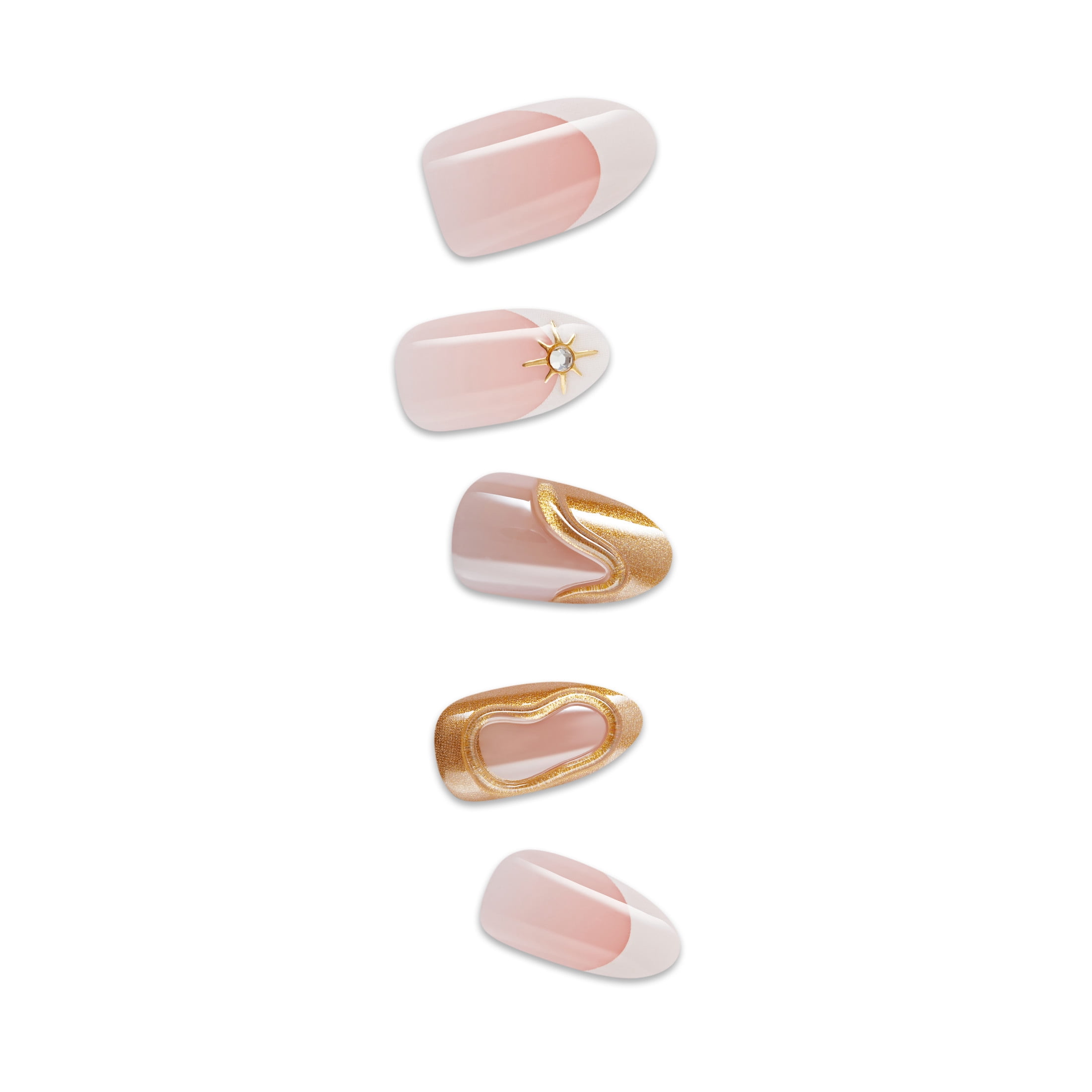 Kiss Impress Premium Medium Almond Press on Nails, White & Gold, 30 Pieces
