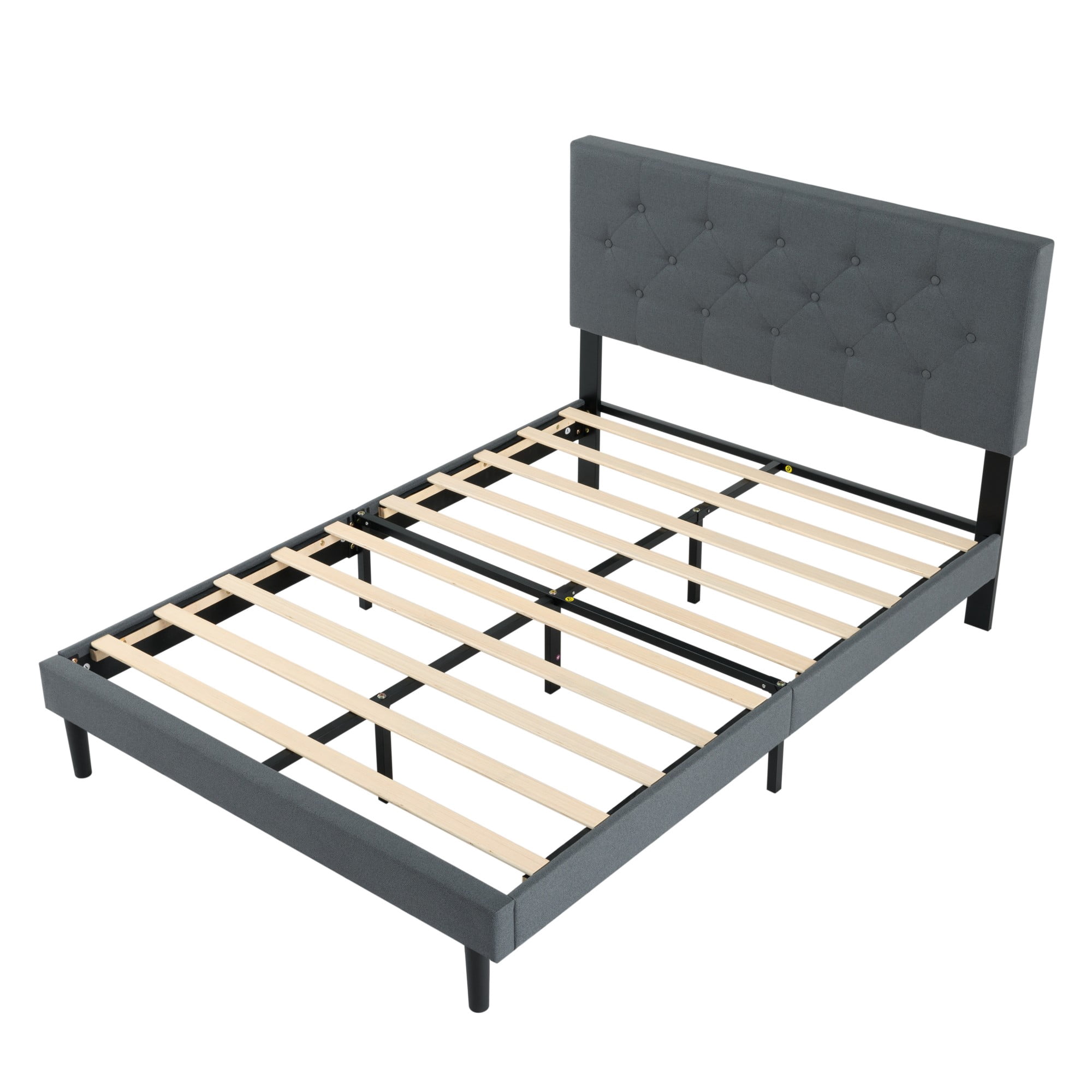 Gewnee Full Size Bed Frame,Linen Platform Bed with Upholstered Button Headboard,Modern Bedroom Furniture with Wood Support,No Box Spring Needed,Dark Grey