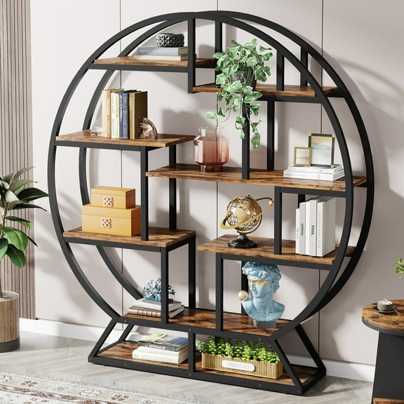 Finmind Round  Etagere Bookcase, 63 Inch Industrial Wood Book Shelf with Staggered Shelves for Home Office, Living Room,Rustic Brown