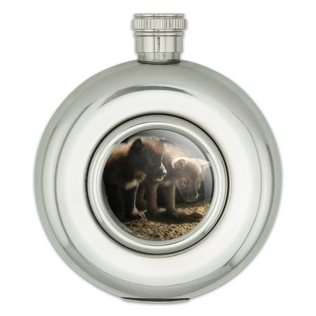 

Curious Wolf Pups Wolves Round Stainless Steel 5oz Hip Drink Flask