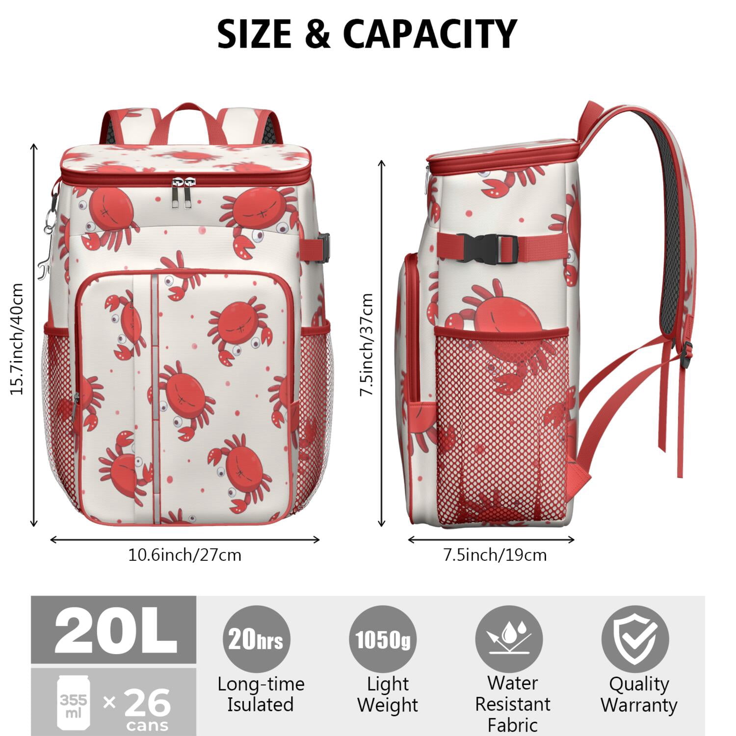 Marine Adorable Crab Cooler Backpack Insulated Waterproof Leak Proof Beach Cooler Bag Lightweight Lunch Picnic Camping Backpack Cooler for Men Women