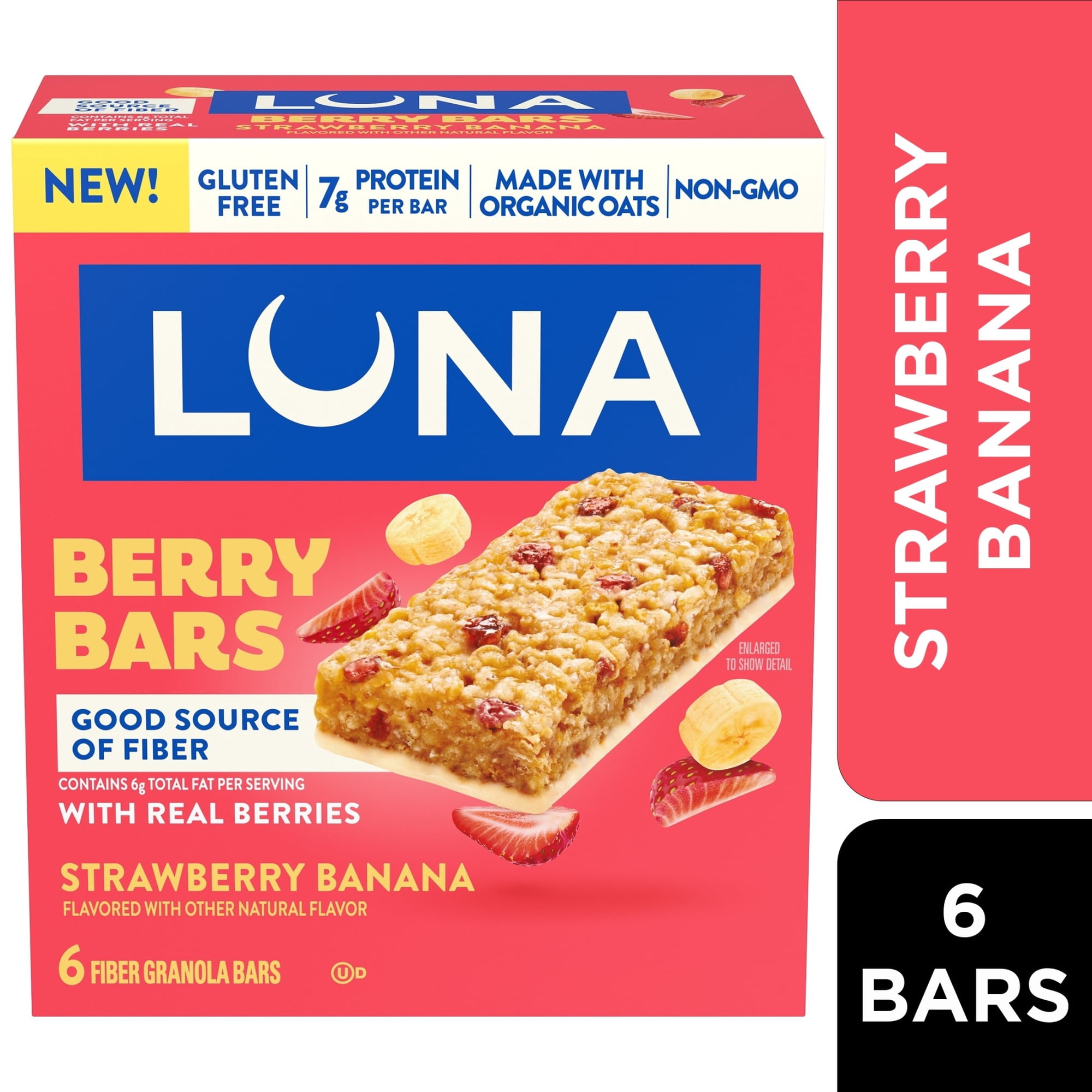 LUNA Berry Bars Strawberry Banana Flavor Fiber Granola Bars, Gluten Free Protein Bars, 6ct