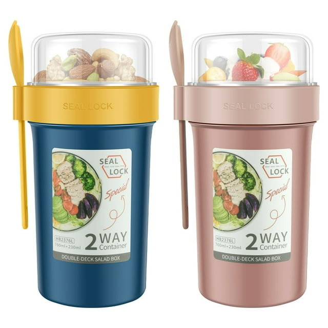 2 Pack Breakfast On the Go Cups 2-Tier Yogurt Cup to Go with Spoon 990ml Yogurt Cup Container Leak Proof Yogurt Cereal Container Portable for Milk Cereal Salad Breakfast