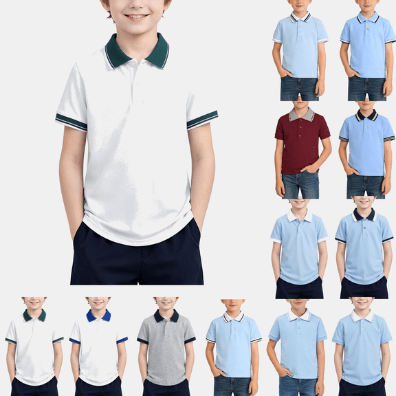hoksml Boys Short Sleeve Color Block Collared Shirt, Kids Casual Back to School Uniform Top