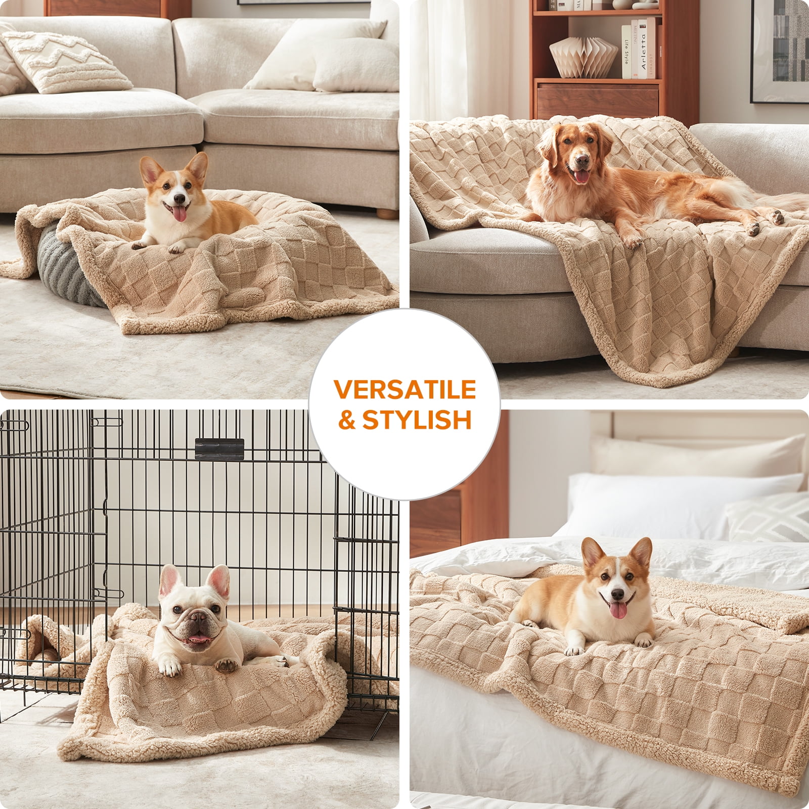 Pet Checkered Fleece Throw Pet Blanket for Couch, Plaid Jacquard Fluffy Blanket for Fall and Winter, Soft Warm 3D Design, Living Room Decor, Light Brown, XXL